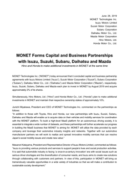 MONET Forms Capital and Business Partnerships with Isuzu, Suzuki, Subaru, Daihatsu and Mazda Hino and Honda to Make Additional Investments in MONET at the Same Time