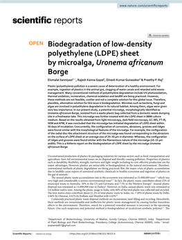 (LDPE) Sheet by Microalga, Uronema Africanum Borge Elumalai Sanniyasi1*, Rajesh Kanna Gopal2, Dinesh Kumar Gunasekar1 & Preethy P