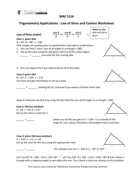 Law of Sines and Cosines Worksheet