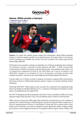 Genoa, Milito Pronto a Tornare Di Alberto Maria Vedova 26 Maggio 2011 – 14:55