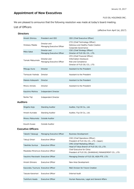 Appointment of New Executives