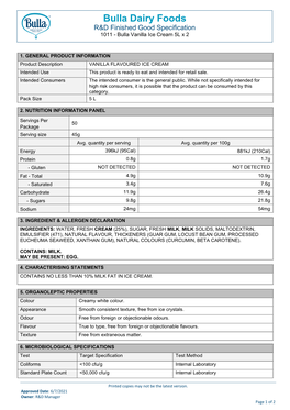 Bulla Dairy Foods R&D Finished Good Specification 1011 - Bulla Vanilla Ice Cream 5L X 2