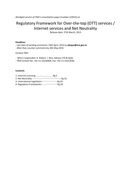 (OTT) Services / Internet Services and Net Neutrality Release Date: 27Th March, 2015