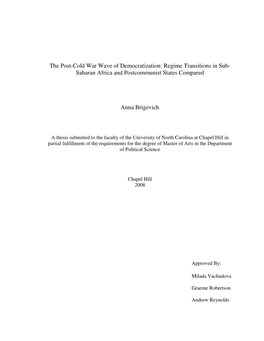 The Post-Cold War Wave of Democratization: Regime Transitions in Sub- Saharan Africa and Postcommunist States Compared