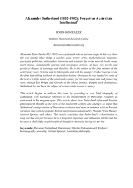 Alexander Sutherland (1852-1902): Forgotten Australian Intellectual1