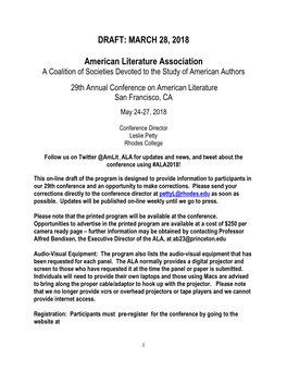 DRAFT: MARCH 28, 2018 American Literature Association