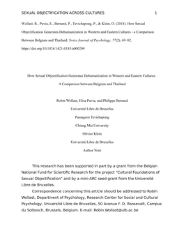 SEXUAL OBJECTIFICATION ACROSS CULTURES 1 Wollast, R., Puvia, E., Bernard, P., Tevichapong, P., & Klein, O. (2018). How Sexua