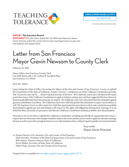 Letter from San Francisco Mayor Gavin Newsom to County Clerk