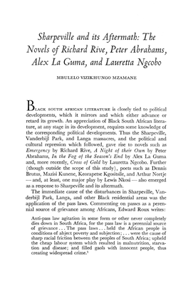 Sharpeville and Its Aftermath: the Novels of Richard Rive, Peter Abrahams, Alex La Gum A, and Lauretta Ngcoho