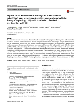 The Diagnosis of Renal Disease in the Elderly As an Unmet Need. a Position Paper Endorsed by Ital