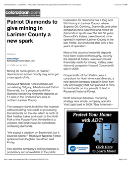 Patriot Diamonds to Give Mining in Larimer County a New Spark