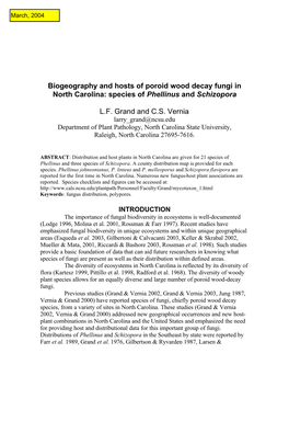 Biogeography and Hosts of Poroid Wood Decay Fungi in North Carolina: Species of Phellinus and Schizopora