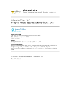 Abstracta Iranica, Volume 34-35-36 | 2017, « Comptes Rendus Des Publications De 2011-2013 » [En Ligne], Mis En Ligne Le 15 Juillet 2016, Consulté Le 21 Septembre 2021