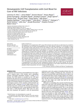 Hematopoietic Cell Transplantation with Cord Blood for Cure of HIV Infections ASBMT American Society for Blood and Marrow Transplantation Lawrence D