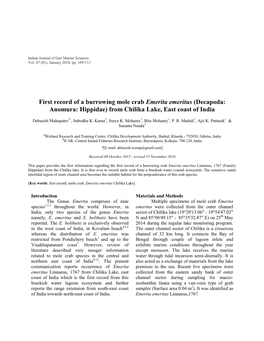 First Record of a Burrowing Mole Crab Emerita Emeritus (Decapoda: Anomura: Hippidae) from Chilika Lake, East Coast of India