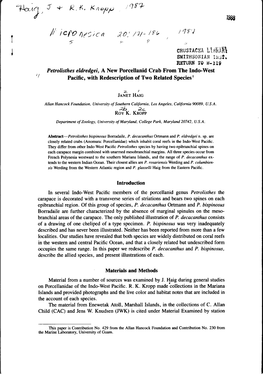 Petrolisthes Eldredgei, a New Porcellanid Crab from the Indo-West ' Pacific, with Redescription of Two Related Species1 Introduc