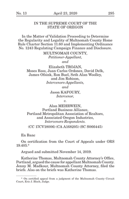 No. 13 April 23, 2020 295 in the SUPREME COURT of the STATE of OREGON in the Matter of Validation Proceeding to Determine the R