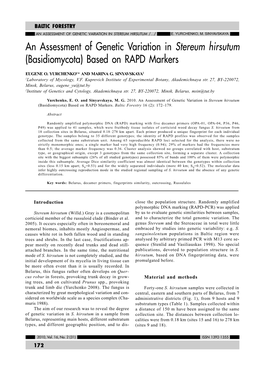 An Assessment of Genetic Variation in Stereum Hirsutum (Basidiomycota) Based on RAPD Markers