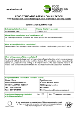 Annex E: Calorie Labelling Criteria (Summer 2009 Trial)