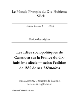 Les Idées Sociopolitiques De Casanova Sur La France Du Dix- Huitième Siècle — Selon L’Édition De 1880 De Ses Mémoires