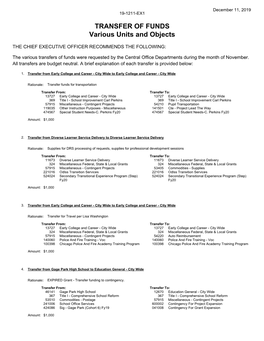 TRANSFER of FUNDS Various Units and Objects