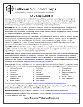 LVC Corps Member Summary: Lutheran Volunteer Corps (LVC) Is a Faith-Based, Full-Time Service and Leadership Program Operating in 13 Cities Across the United States