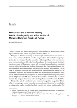 MAGGIFICATION, a Personal Reading on the Historiography and a Film Version of Margaret Thatcher’S Theatre of Politics