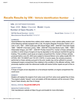 Recalls Results by VIN Vehicle Identification Number