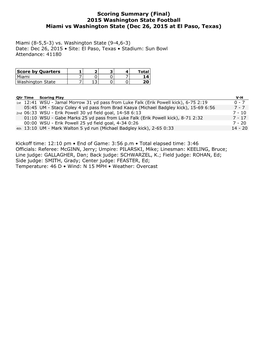 Scoring Summary (Final) 2015 Washington State Football Miami Vs Washington State (Dec 26, 2015 at El Paso, Texas)