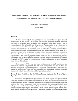 LCGC) Dan Proyek Mobil Nasional the Dilemma of Low Cost Green Car (LCGC) and National Car Project