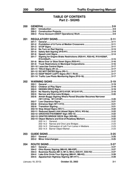 200 SIGNS Traffic Engineering Manual TABLE of CONTENTS Part 2