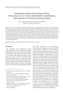 Intraspecific Variation in the Endangered Frog Mannophryne Riveroi (Anura, Dendrobatidae, Aromobatinae), with Comments on Coloration and Natural History