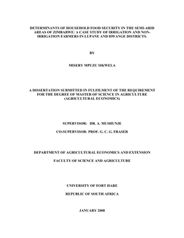 Determinants of Household Food Security in the Semi-Arid Areas of Zimbabwe: a Case Study of Irrigation and Non- Irrigation Farmers in Lupane and Hwange Districts