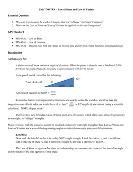 Unit 7 NOTES – Law of Sines and Law of Cosines Essential Question