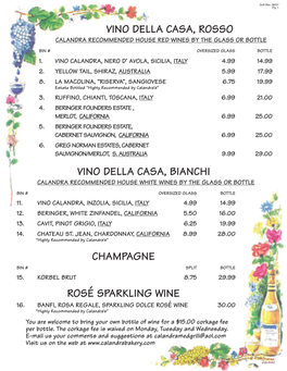 Calandra's Wine List