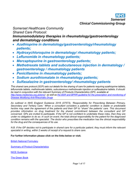 Somerset Healthcare Community Shared Care Protocol: Immunomodulatory Therapies in Rheumatology/Gastroenterology