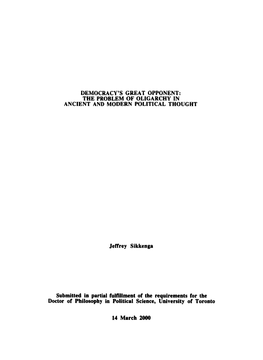 Democracy's Great Opponent: the Problem of Oligarchy in Ancient and Modern Political Thoucht