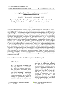 Exploring the Efficacy of Silicon Supplementation on Control of Rice Grain Discoloration Disease