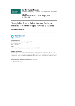 La Révolution Française, 20 | 2021 Démophobie, Francophobie, Contre-Révolution : Comment Le Mouron Rouge a Trave
