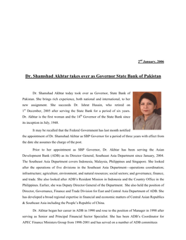 Dr. Shamshad Akhtar Takes Over As Governor State Bank of Pakistan