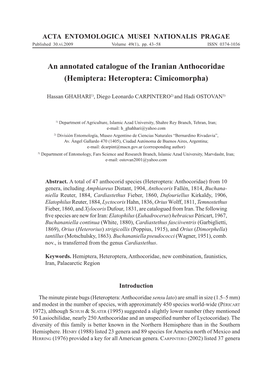 An Annotated Catalogue of the Iranian Anthocoridae (Hemiptera: Heteroptera: Cimicomorpha)
