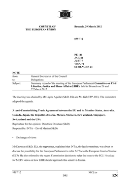 Summary Record of the Meeting of the European Parliament Committee on Civil Liberties, Justice and Home Affairs (LIBE) , Held in Brussels on 26 and 27 March 2012