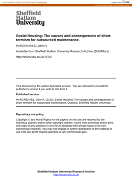 Social Housing: the Causes and Consequences of Short- Termism for Outsourced Maintenance