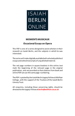 MOMENTS MUSICAUX Occasional Essays on Opera