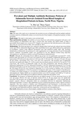 Prevalent and Multiple Antibiotic Resistance Patterns of Salmonella Serovars Isolated from Blood Samples of Hospitalized Patients in Kano, North-West, Nigeria