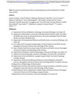 Sex-Specific and Pleiotropic Effects Underlying Kidney Function Identified from GWAS Meta-Analysis Authors: Sarah E