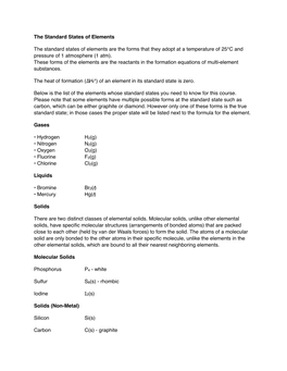 Standard States of Elements & Key Ions