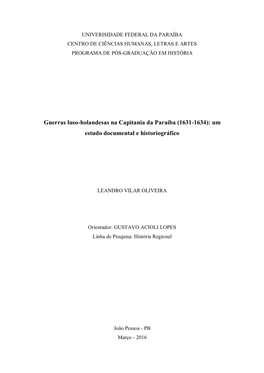 Guerras Luso-Holandesas Na Capitania Da Paraíba (1631-1634): Um Estudo Documental E Historiográfico