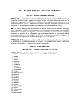 Ley Orgánica Municipal Del Estado De Puebla