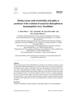 Mating System, Male Territoriality and Agility As Predictors of the Evolution of Sexual Size Dimorphism in Hummingbirds (Aves: Trochilidae)